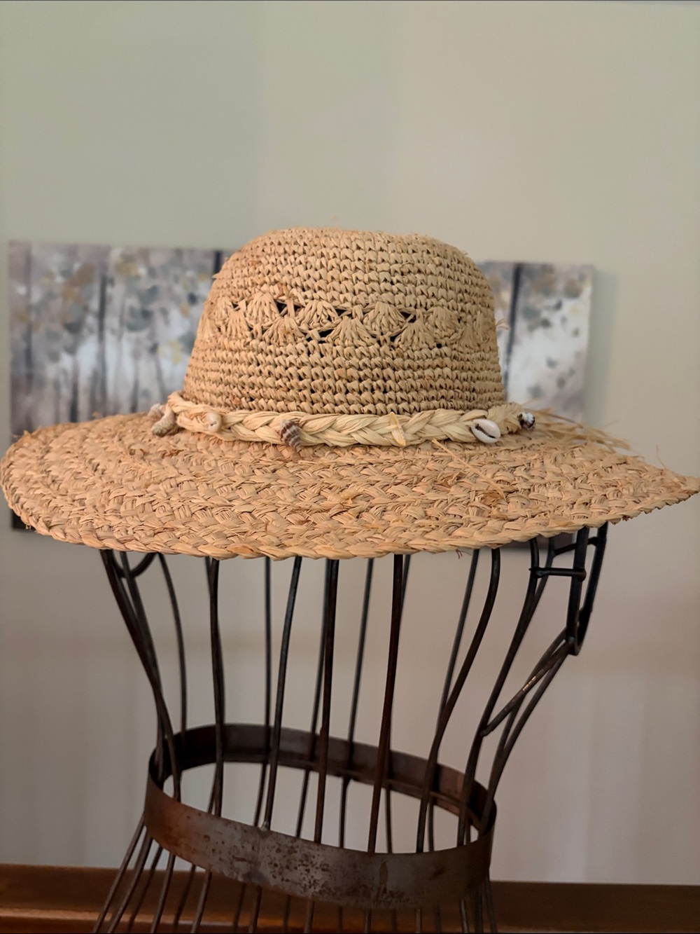 NEW Sun N Sand Adorable Woven Hat Braided Raffia Band Bow Shells One Size